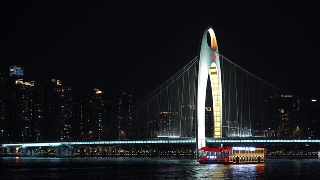 Illuminated Liede Bridge on Pearl River at Night in Guangzhou in Guangzhou, China