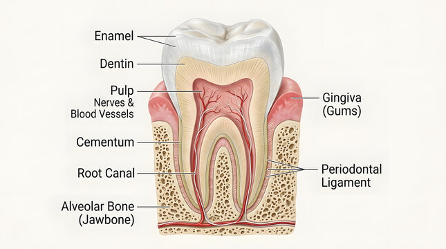 Cross-section illustration of a human tooth anatomy with human body, root canal