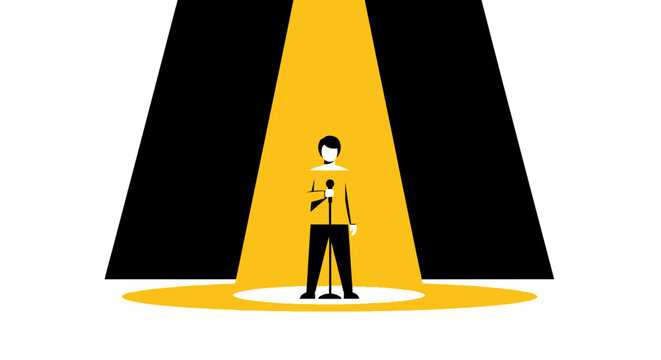 Minimalist Illustration of a Public Speaker or Comedian in a Bright Spotlight on Stage