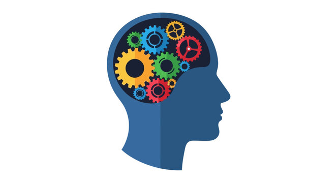 Human Head Profile Silhouette with Colorful Interlocking Gears Representing Brain Function and Logic