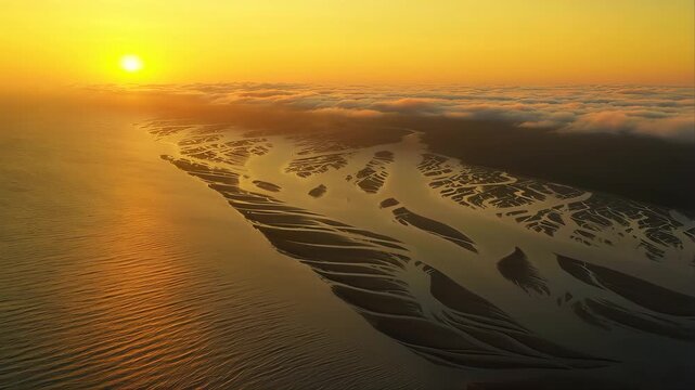 River Delta Aerial View at Sunrise with Branching Channels Forming Sand Bars and a Misty Estuary Landscape Across Wetlands