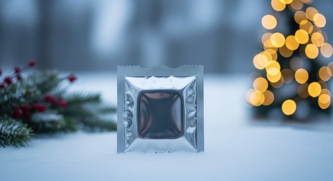 Single condom package in silver foil wrapper on snow with blurred Christmas tree lights