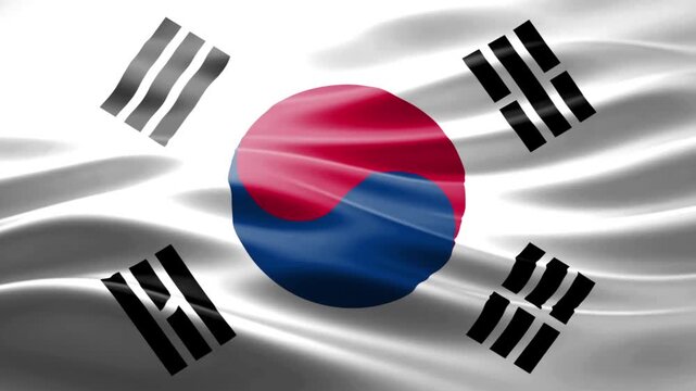Waving South Korean Flag with Taegeuk Symbol and Trigrams
