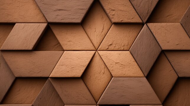 A 3D geometric wall pattern featuring hexagonal and parallelogram shapes in various shades of brown with a textured surface.