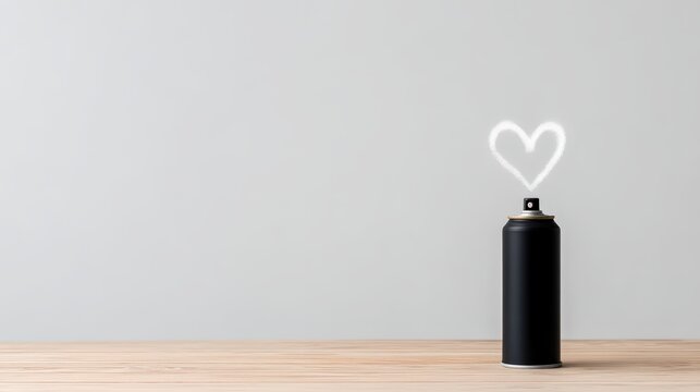A black spray paint can on a wooden surface sprays a white heart shape against a plain background.