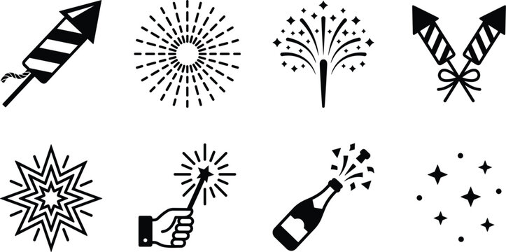 Fireworks and Celebration Vector Icon Set Featuring Rockets Sparklers Champagne Toast Stars and Firework Bursts for New Year Holiday Graphic Design Projects