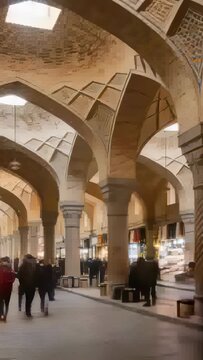 Vertical video: Entering shoppers wearing coats filling bazaar under brick arches, browsing stalls