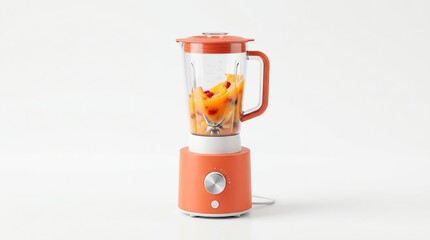 Obraz premium Orange blender with fruit inside on a white background