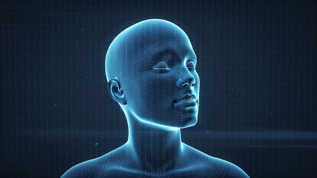 Digital human head silhouette in blue light with binary code background, showcasing progressive angles and expressions in a futuristic, technological setting