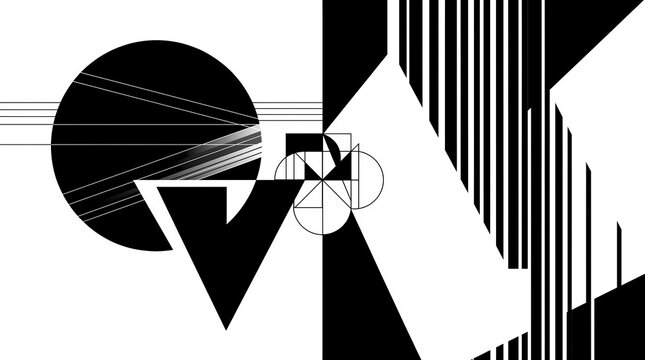 Abstract black and white geometric composition with circles, intersecting lines, and triangles in minimalist style