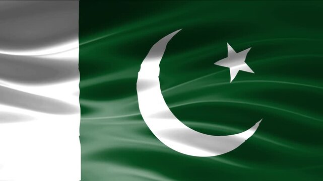 Waving Pakistan Flag with Crescent Moon and Star, Green and White Fabric Rippling