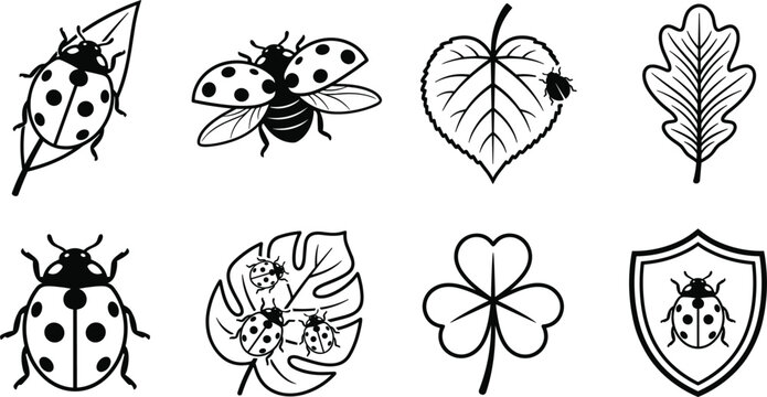 Ladybug and Leaf Silhouette Vector Icon Set Featuring Flying Beetle Monstera Oak Clover and Protection Shield Symbols for Nature Graphic Design Projects