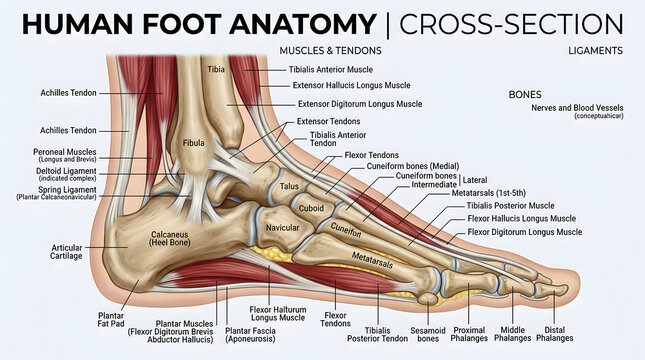Cross-sectional anatomy of the human foot with cross section, blood vessels