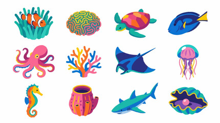 Colorful Marine Life Collection - Diverse Underwater Creatures Illustrated. © Dion