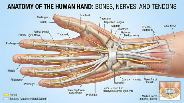 Anatomy of the human hand: bones nerves tendons with carpal bones, median nerve
