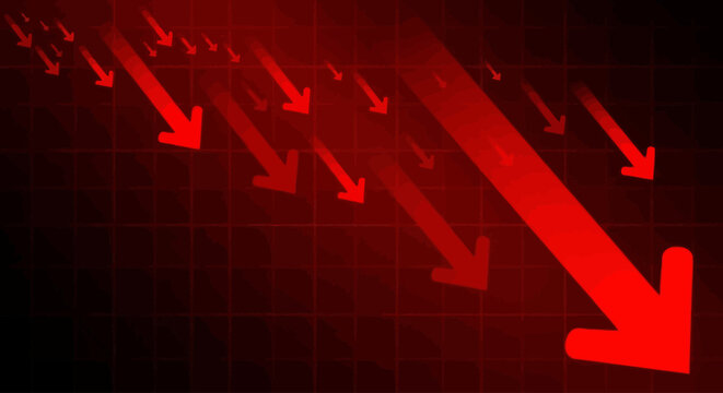 Dramatic red arrows illustrating a steep downward trend and economic recession, signifying market collapse, business losses, and financial crisis on a dark background