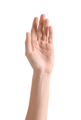 Obraz premium Woman with raising hand on white background, closeup