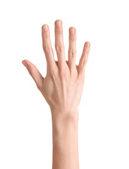 Obraz premium Woman showing number five with fingers on white background, closeup