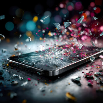 Broken Smartphone Screen with Flying Glass Shards Technology Damage Concept AI Generative