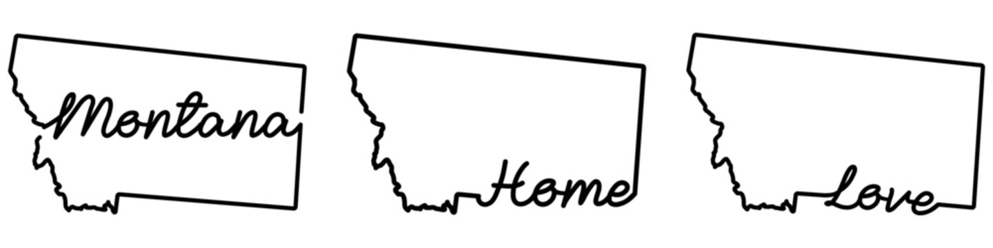 Hand drawn Montana state contour set featuring state name lettering, home text, love script in monochrome style.