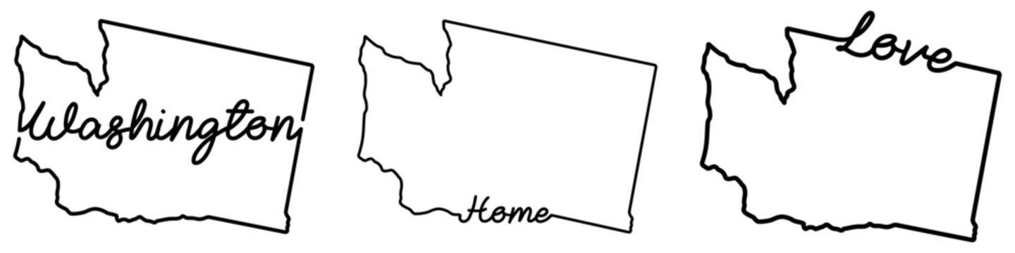 Washington state map outline set featuring handwritten name, home lettering, love typography design in minimal monochrome vector style.