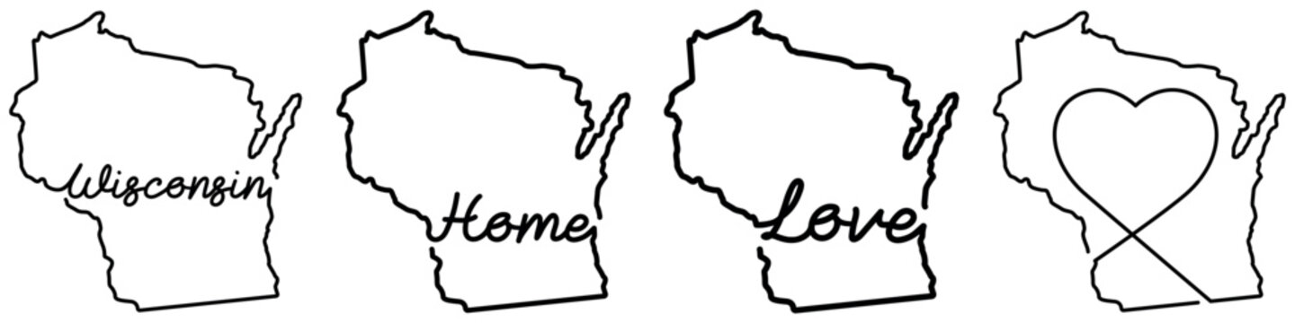 Hand drawn Wisconsin state map collection featuring name lettering, home text, love typography and heart line symbol in minimal style.