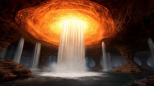 Cave Illuminated by Natural Light with Waterfalls and Glowing Ceiling Featuring Underground, Water, Rock Formations with Sunlight and Reflection
