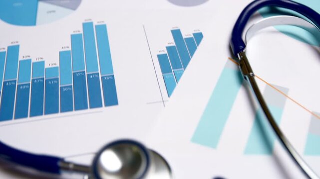 Close up of stethoscope lying on financial charts and graphs. Professional medical equipment analysis of healthcare industry sales statistics or insurance budget report.