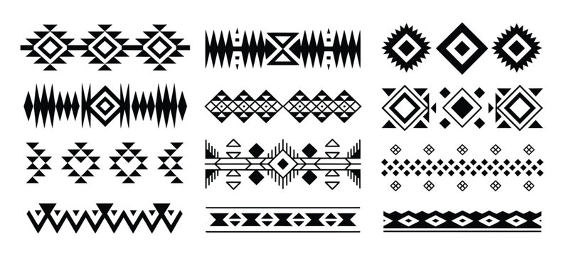 Aztec Navajo Borders set Southwestern Art Symbols collection with intricate indigenous patterns, desert-inspired color palettes, and handcrafted ornamental elements ideal for branding, packaging, 