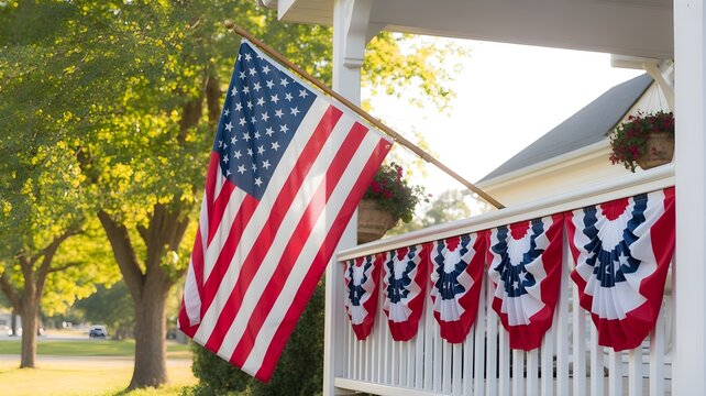 Festive american home exterior decorated for patriotic holiday with us flag and bunting