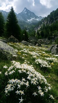 Scenic Mountain Meadow With Edelweis HD photos