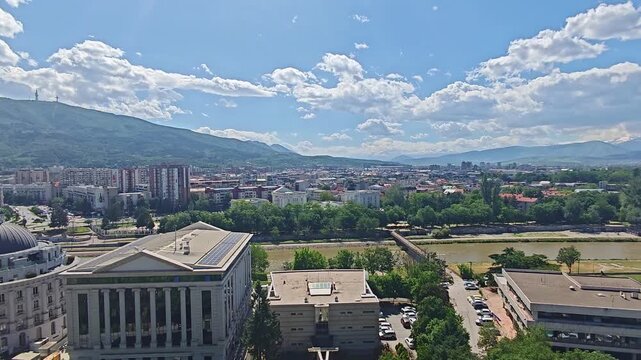 Aerial view of Skopje capital of North Macedonia. View on Buildings in City Center from Above