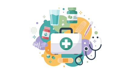 Fototapeta premium Flat Vector Illustration of a Medical First Aid Kit with Stethoscope, Bandages, Pills, and Thermometer for Healthcare and Emergency Concepts