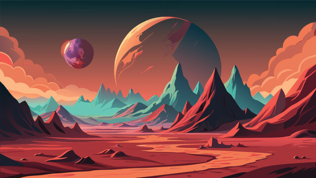 Alien landscape with planets and mountains a digital vector illustration planet extraterrestrial art celestial bodies space exploration red terrain rocky desert scene atmospheric perspective fantasy