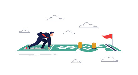 Fototapeta premium Ambitious businessman in a suit preparing to sprint on a running track made from a green dollar bill leading towards a red goal flag.