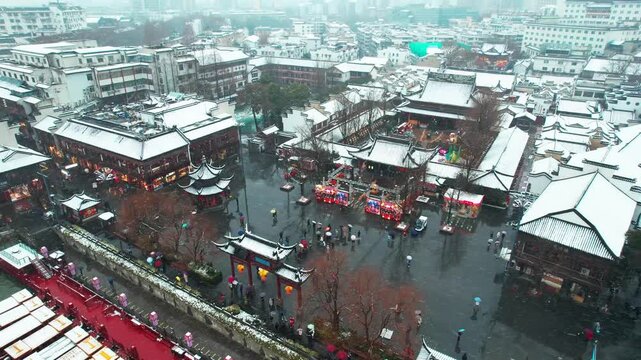 Snowy Aerial View of Nanjing Confucius Temple Market District in Nanjing Confucius Temple, Jiangsu, China