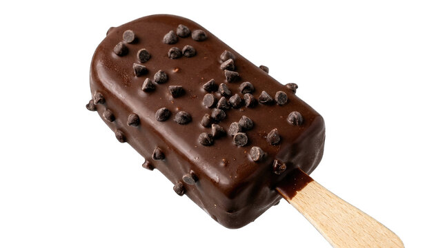 Chocolate ice cream bar with crunchy dark cocoa chips on wooden stick for summer snacking.