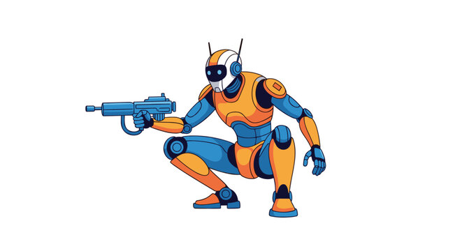 Sleek futuristic combat robot character in blue and orange armor crouching and aiming a modern firearm for sci-fi and gaming themes.