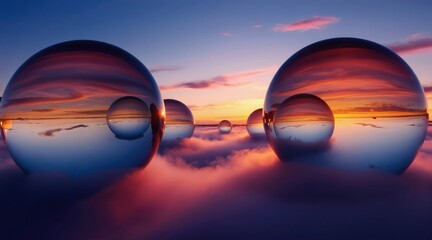 Naklejka premium Glass spheres reflect colorful sunset sky and clouds over calm water. Spheres float on pink mist layer. Digital art fantasy landscape scene.