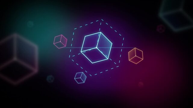 Glowing blue cube floats amidst smaller cubes in colorful gradient