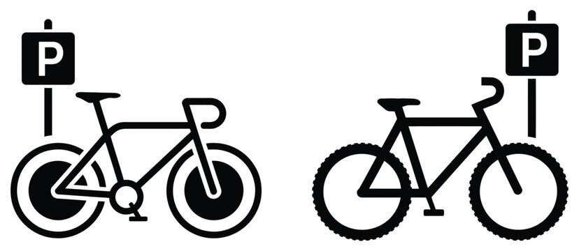 Bicycle parking area icon vector featuring simple bicycle rack symbol, urban transportation signage, parking zone illustration, cycling infrastructure design element for maps, apps, navigation systems
