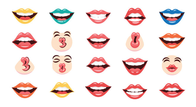Collection of various colorful lips and mouths with different expressions like smiling, laughing, kissing, and talking.
