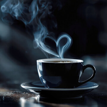 Hot Coffee Cup with Heart Shaped Steam on Dark Background. AI generative.