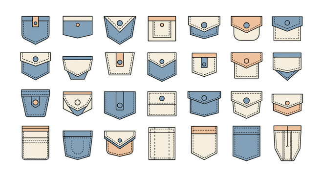Varied collection of denim pocket designs in blue and beige colors with different stitching patterns and button details.