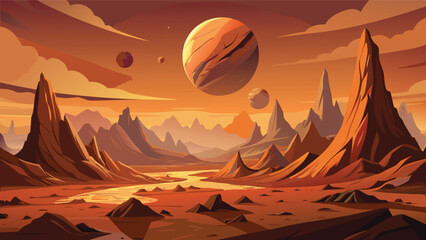 Alien landscape illustration with orange toned mountains a winding river and multiple planets in the sky planet extraterrestrial color desert terrain mountain range planetary system © CreativeKamrul