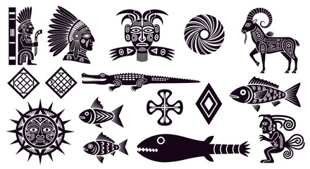 black and white tribal symbols and icons, ancient mystical concept, background © Vasant