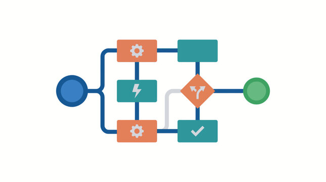 Flowchart diagram with colorful shapes.