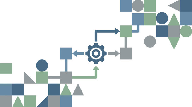 Gear and arrows in flowchart.