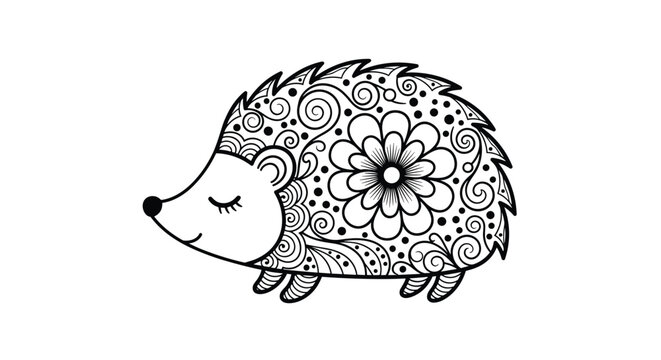 Cute hedgehog illustration with intricate floral patterns and swirls on its back designed for adult coloring book pages.