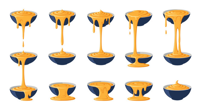 Multiple stages of cheese or thick sauce flowing and dripping between blue bowls in a sequential illustration on white background.